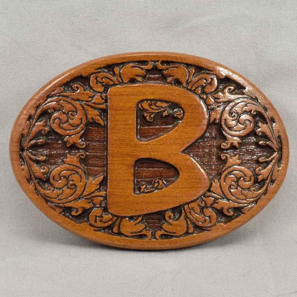 Belt Buckle Wood Letter B‎ Carved Filigree Western Etched Engraved Inlay